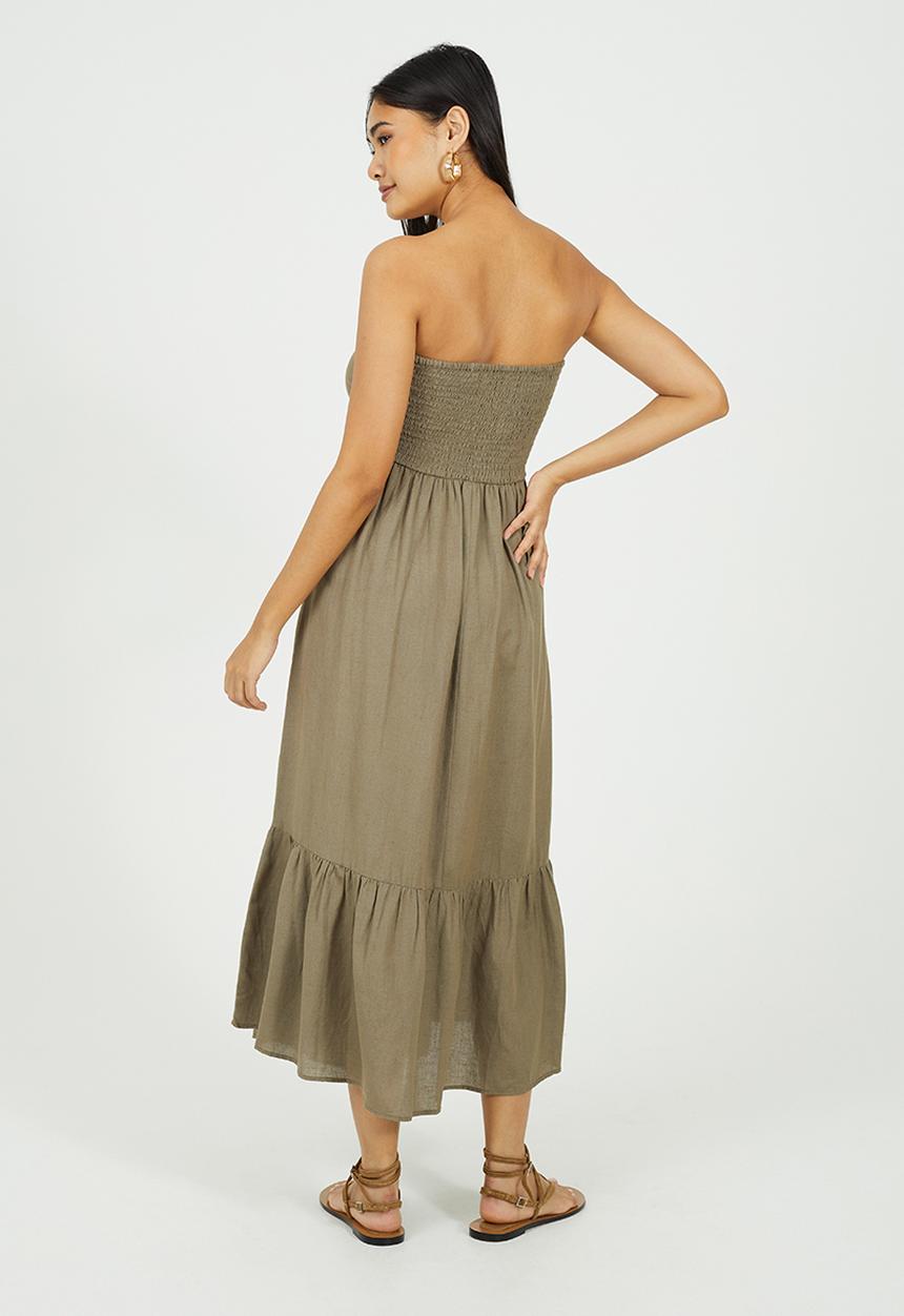 Brave Soul - Ladies Halter Neck Midi Tiered Dress - Khaki 
