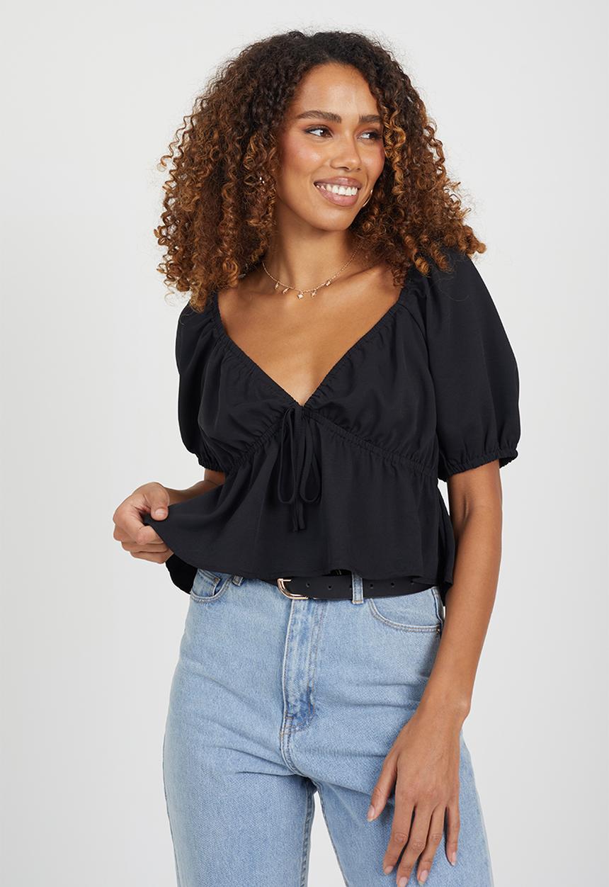 Ladies Plain Colour Short Puff Sleeves Top - Black