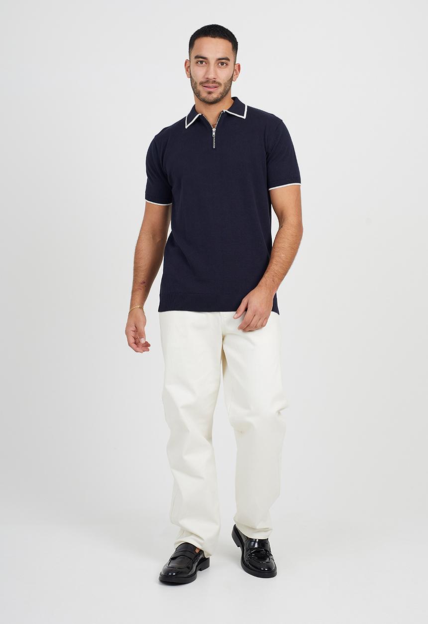 Brave Soul - Short Sleeved Knitted Polo - Midnight Navy/ White