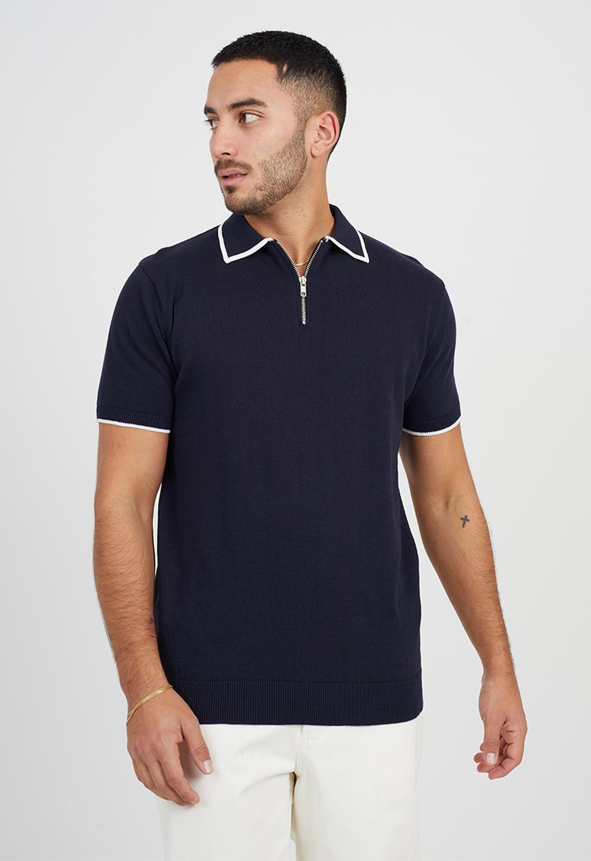 Brave Soul - Short Sleeved Knitted Polo - Midnight Navy/ White