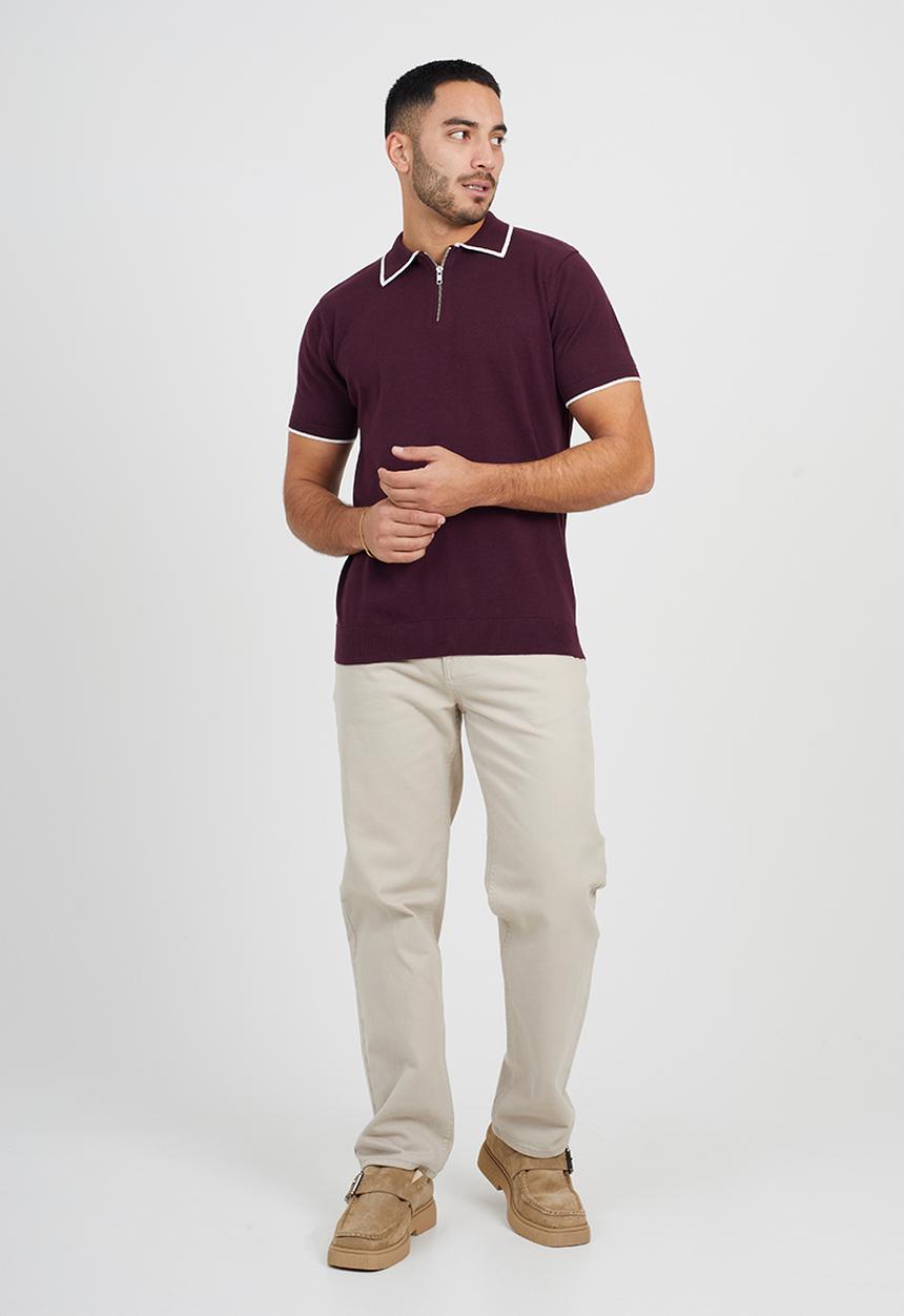 Brave Soul - Short Sleeved Knitted Polo - Deep Maroon/ White