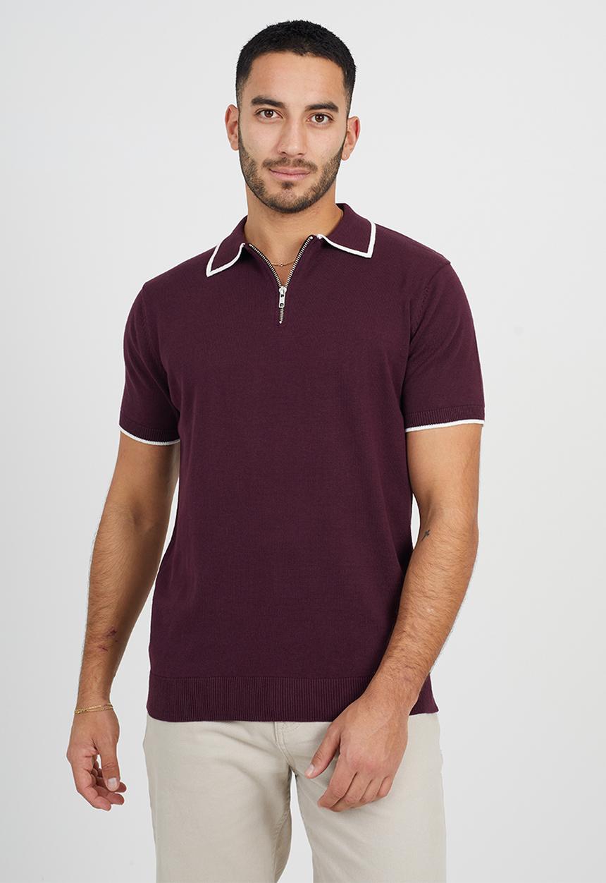 Brave Soul - Short Sleeved Knitted Polo - Deep Maroon/ White