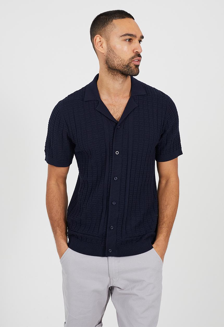 Brave Soul - Men Button Through Knitted Revere Collar Shirt - Midnight Navy