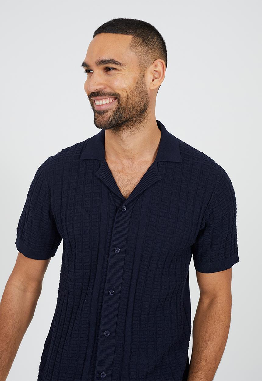 Brave Soul - Men Button Through Knitted Revere Collar Shirt - Midnight Navy
