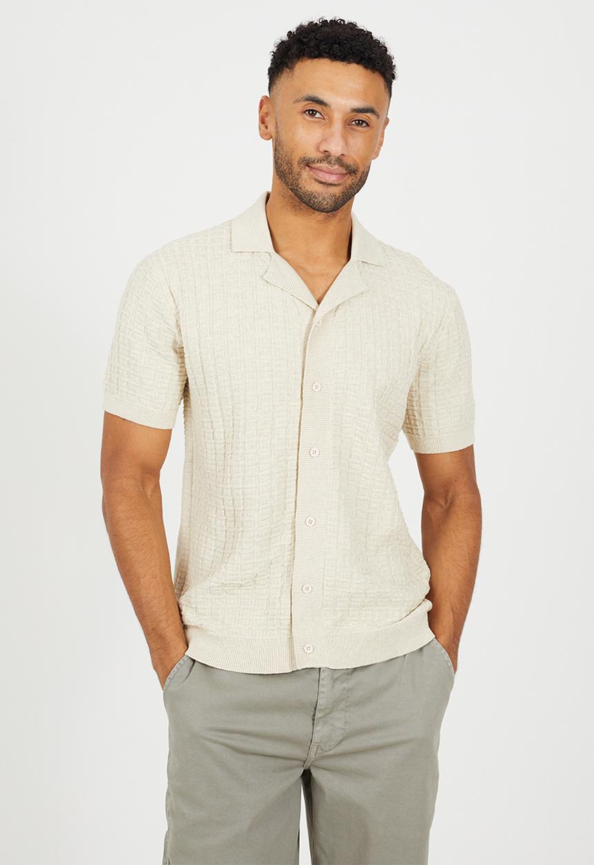 Brave Soul - Men Button Through Knitted Revere Collar Shirt - Ecru Marl