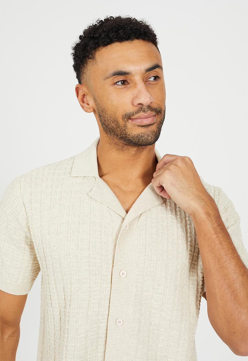 Brave Soul - Men Button Through Knitted Revere Collar Shirt - Ecru Marl