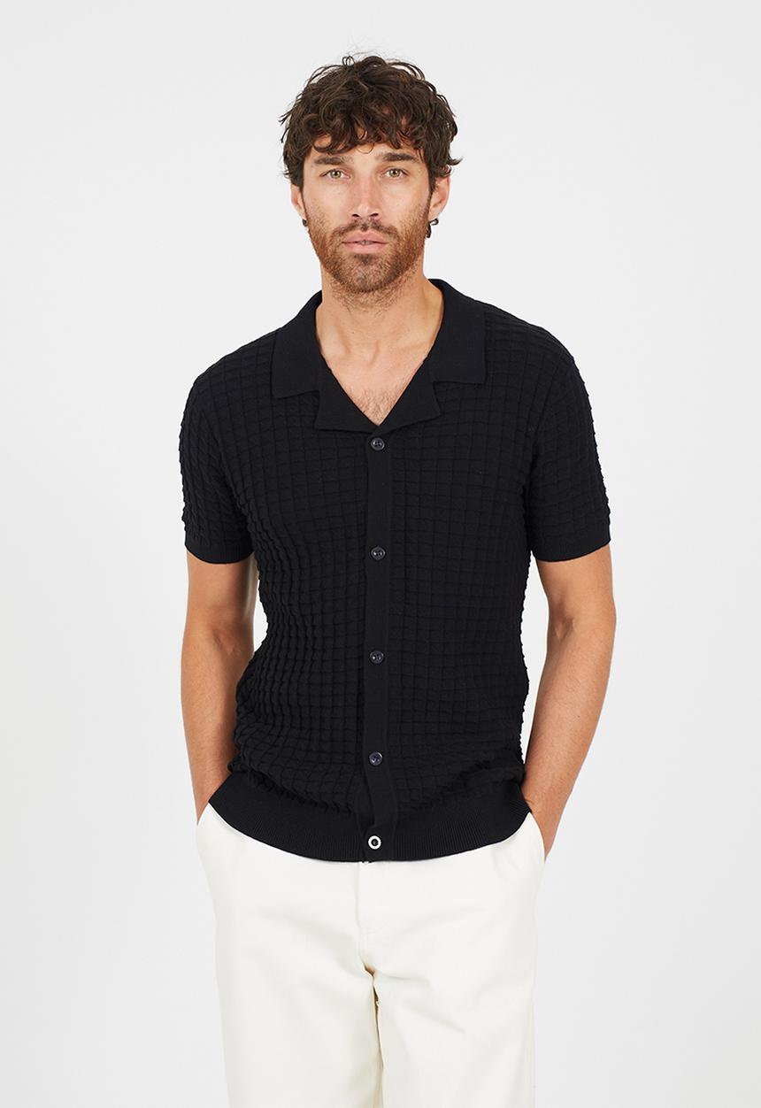 Brave Soul - Full Button Revere Collar Knitted - Jet Black
