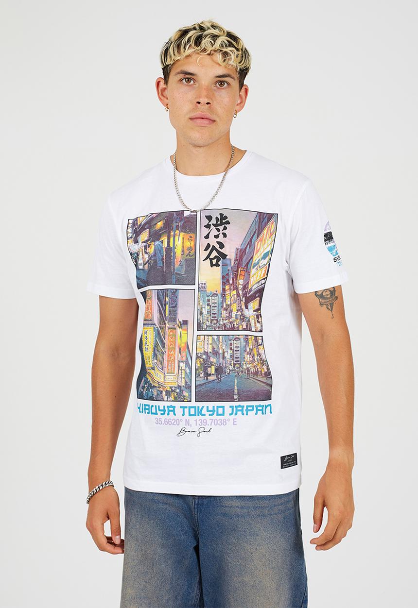 Brave Soul - Crew Neck  Tee - Optic White/Multi-Colour Print