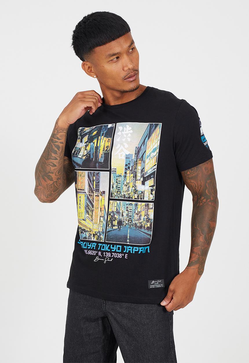 Brave Soul - Crew Neck Tee - Jet Black/Multi-Colour Print