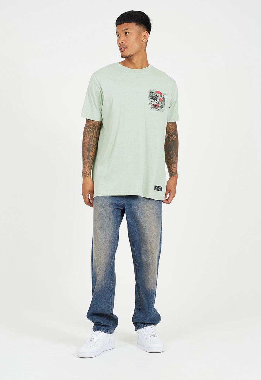 Brave Soul - Crew Neck Oversized T-Shirt - Mint Green / Multi-Colour Print