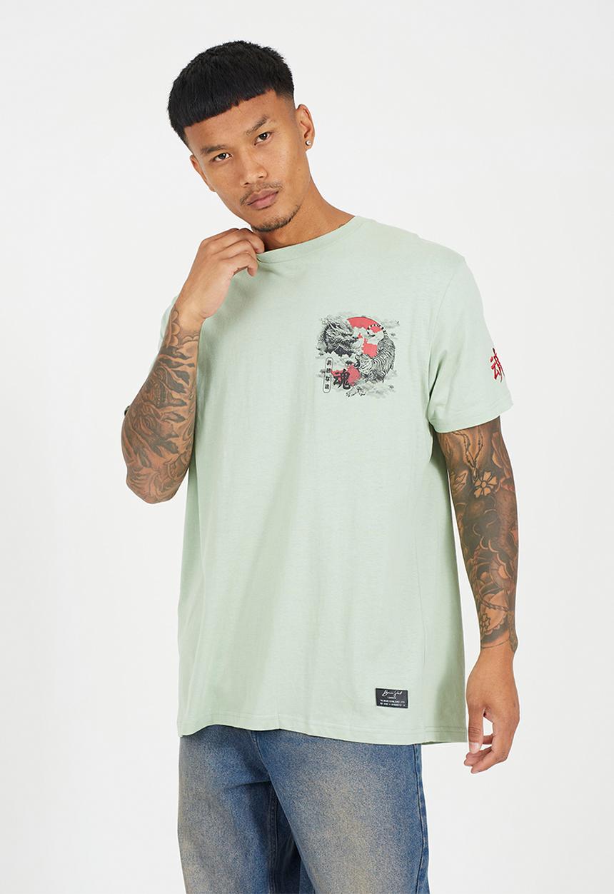 Brave Soul - Crew Neck Oversized T-Shirt - Mint Green / Multi-Colour Print