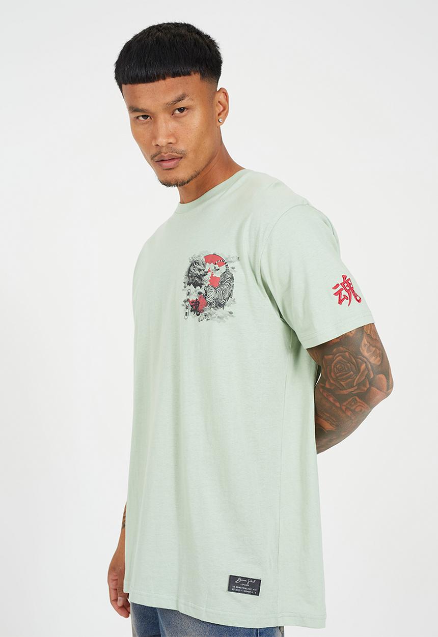 Brave Soul - Crew Neck Oversized T-Shirt - Mint Green / Multi-Colour Print