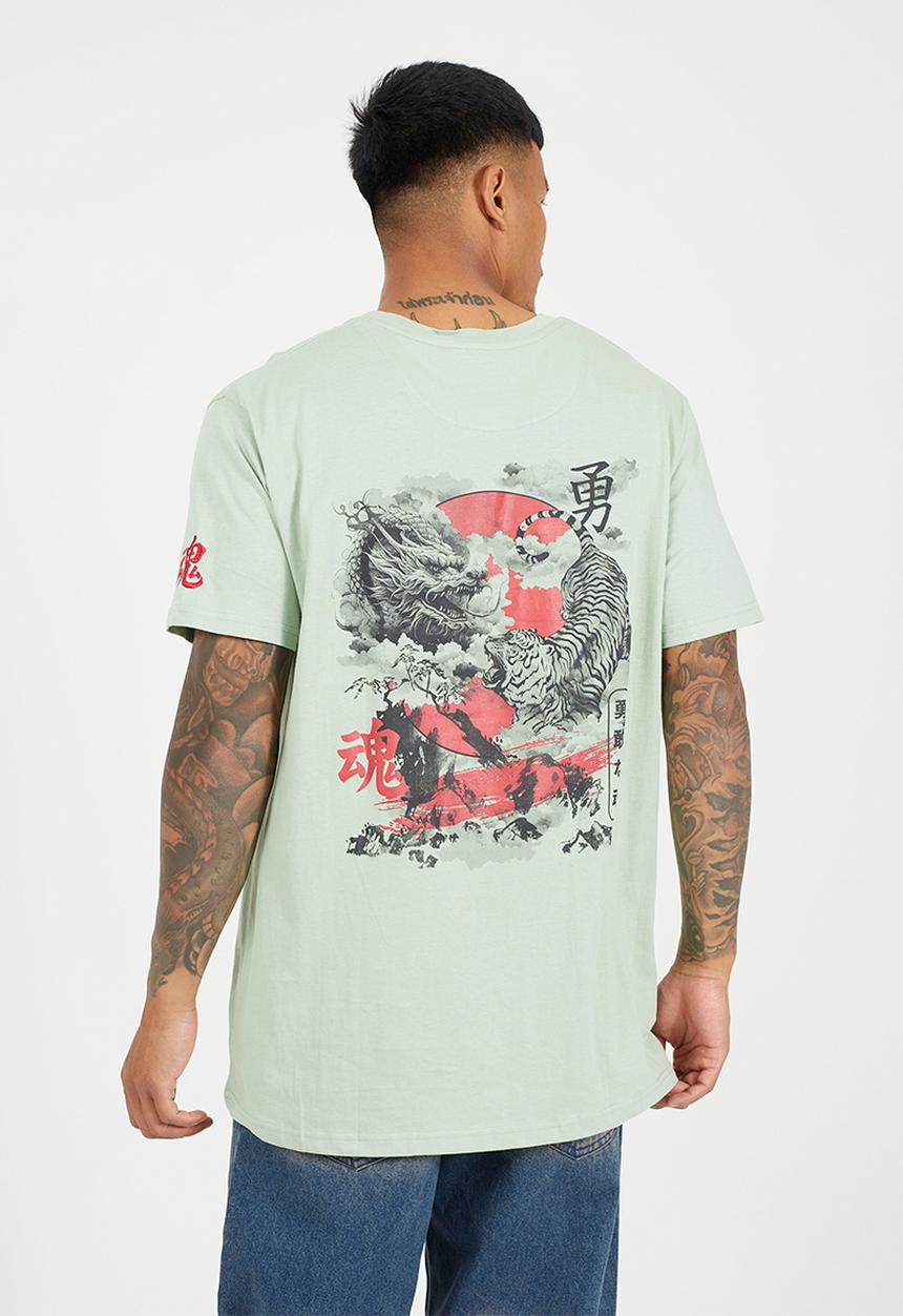 Brave Soul - Crew Neck Oversized T-Shirt - Mint Green / Multi-Colour Print