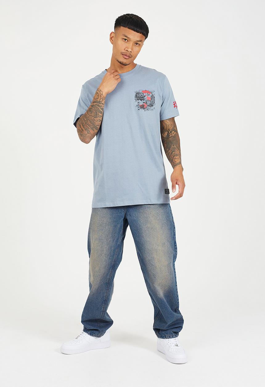 Brave Soul - Crew Neck  Oversized T-Shirt  - Blue / Multi-Colour Print
