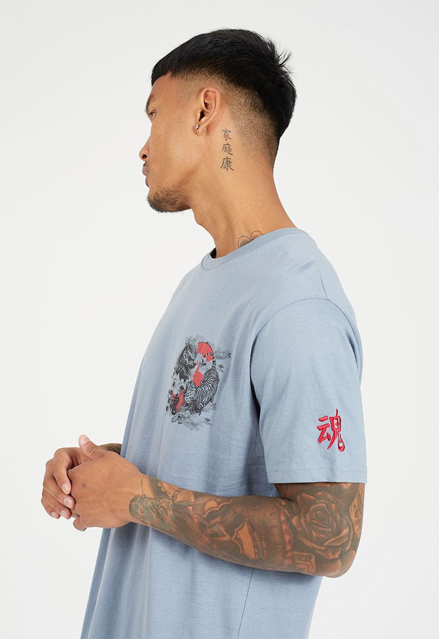Brave Soul - Crew Neck  Oversized T-Shirt  - Blue / Multi-Colour Print