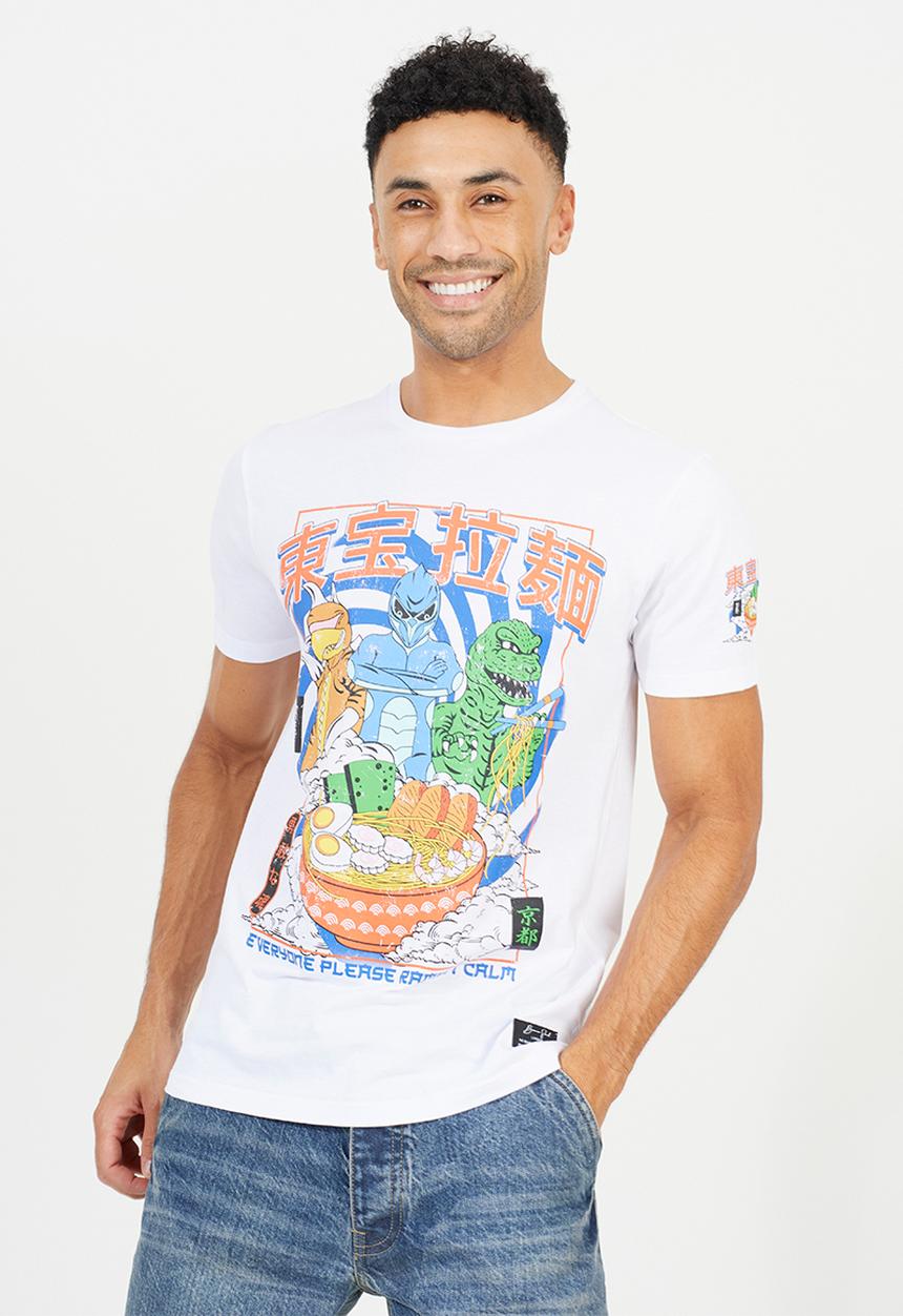 Brave Soul - Crew Neck Oversized T-Shirt - Optic White/Multi-Colour Print