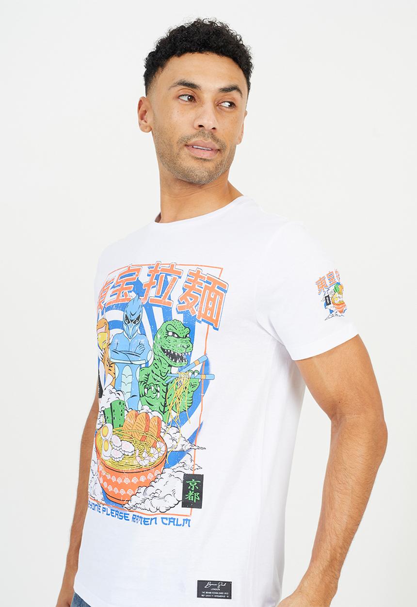 Brave Soul - Crew Neck Oversized T-Shirt - Optic White/Multi-Colour Print