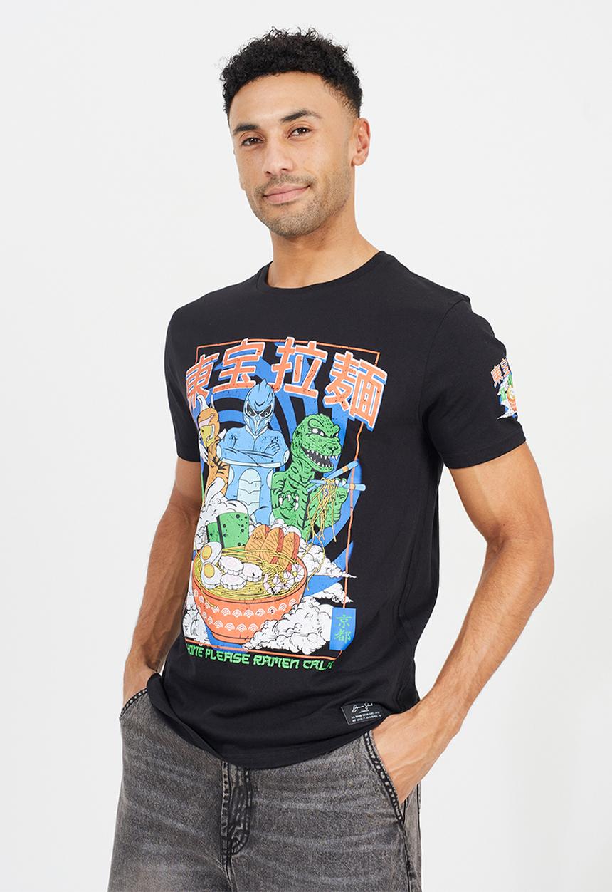 Brave Soul - Crew Neck Oversized T-Shirt - Jet Black/Multi-Colour Print
