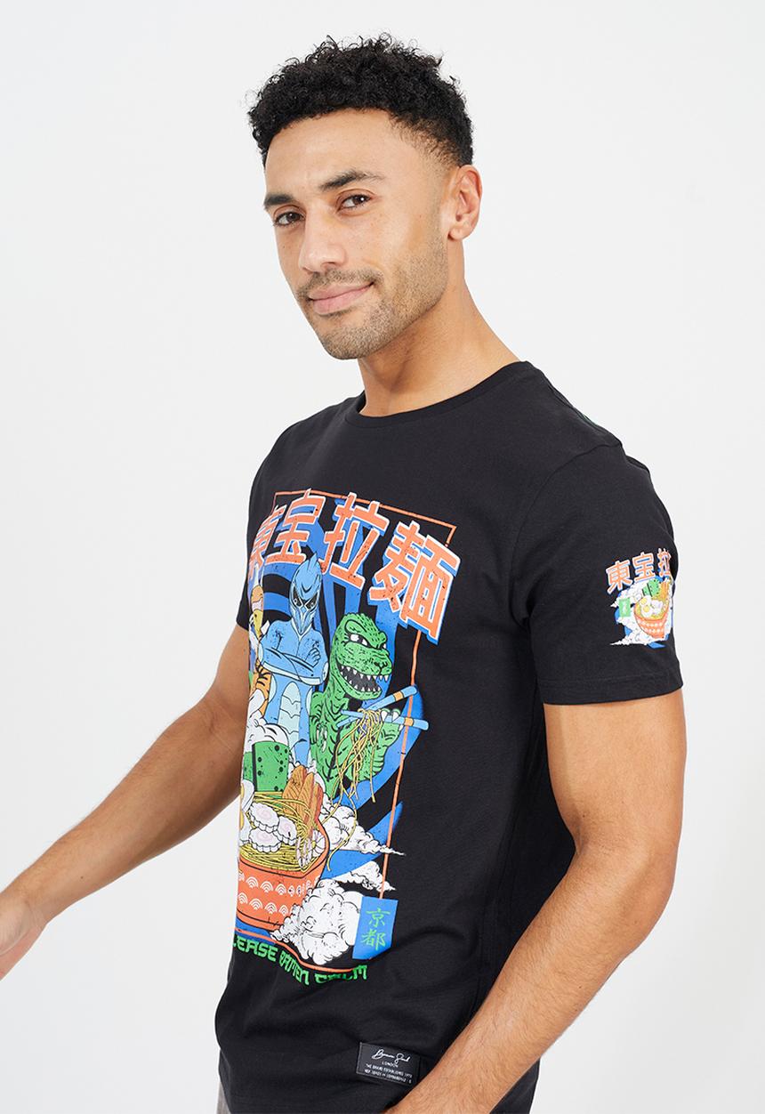 Brave Soul - Crew Neck Oversized T-Shirt - Jet Black/Multi-Colour Print
