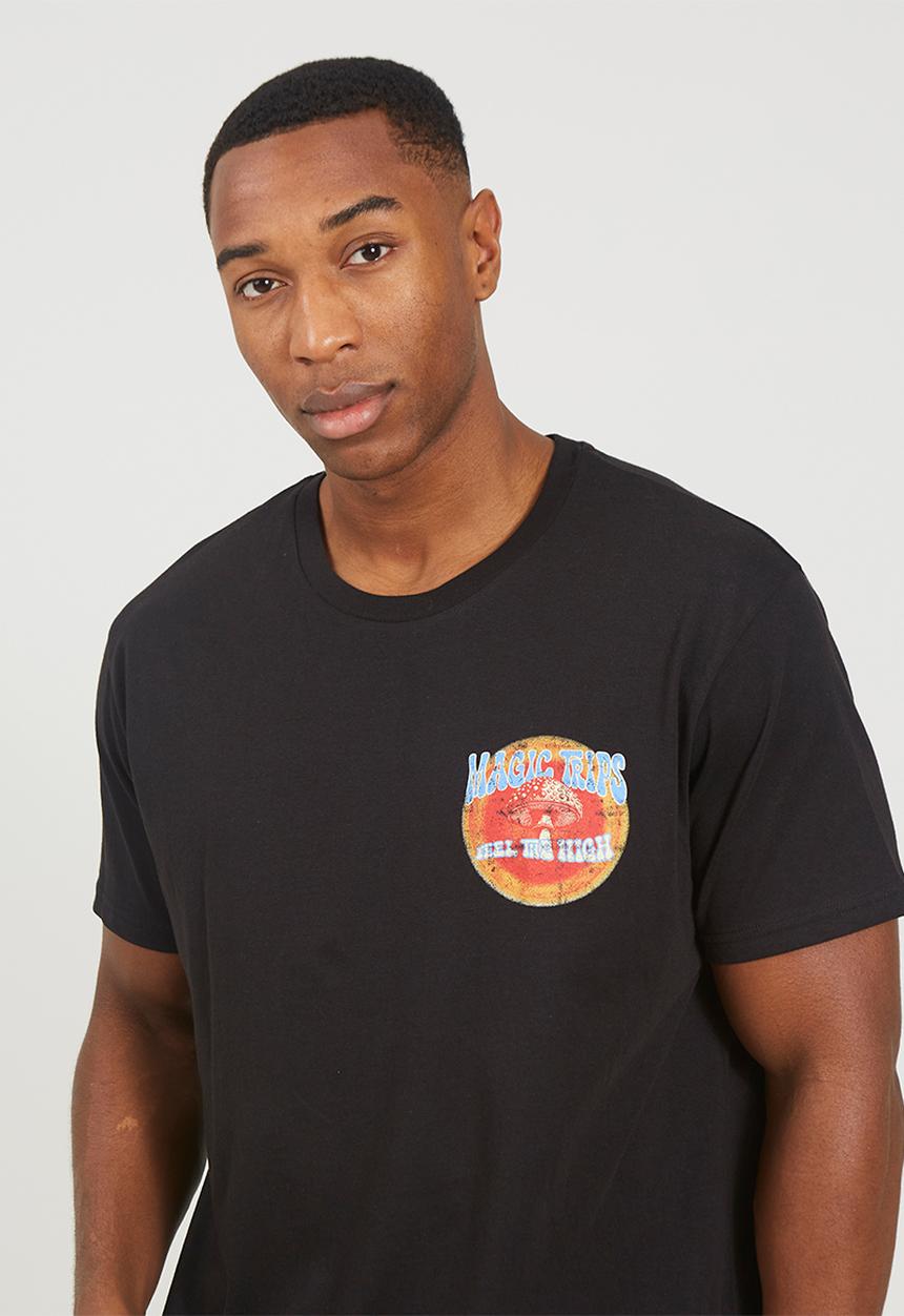 Brave Soul - Crew Neck Oversized T-Shirt - Jet Black / Multi-Colour Print