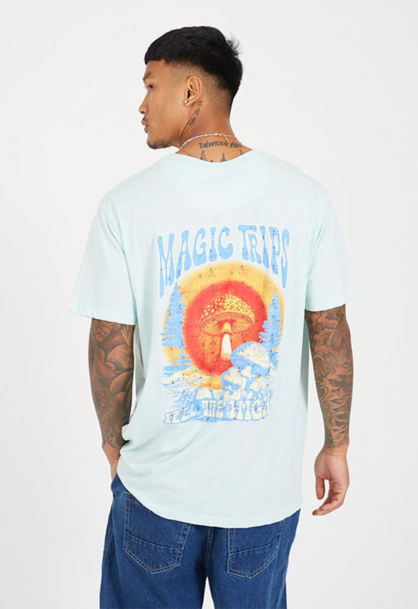 Brave Soul - Crew Neck Oversized T-Shirt  - Cloud Blue / Multi-Colour Print