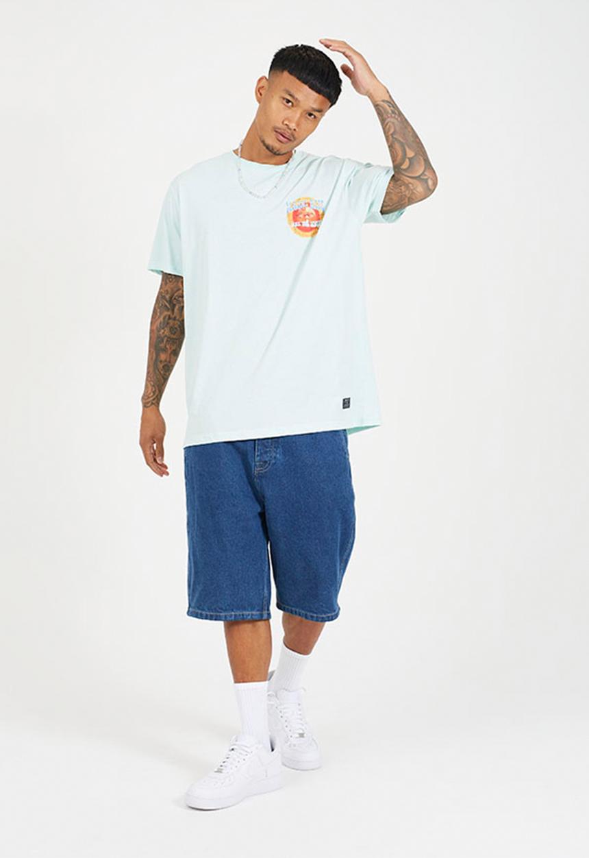 Brave Soul - Crew Neck Oversized T-Shirt  - Cloud Blue / Multi-Colour Print