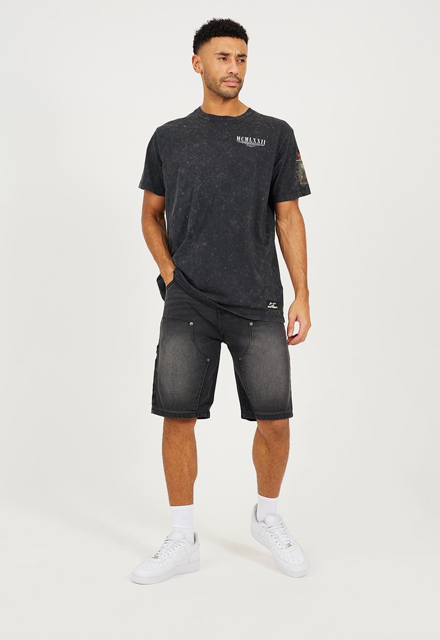 Brave Soul - Crew Neck T-Shirt - Jet Black Acid Wash / Multi-Colour Print