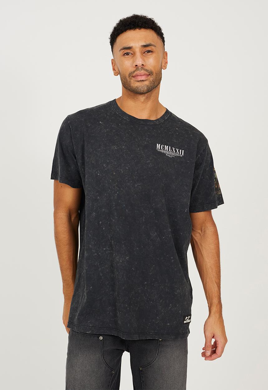 Brave Soul - Crew Neck T-Shirt - Jet Black Acid Wash / Multi-Colour Print