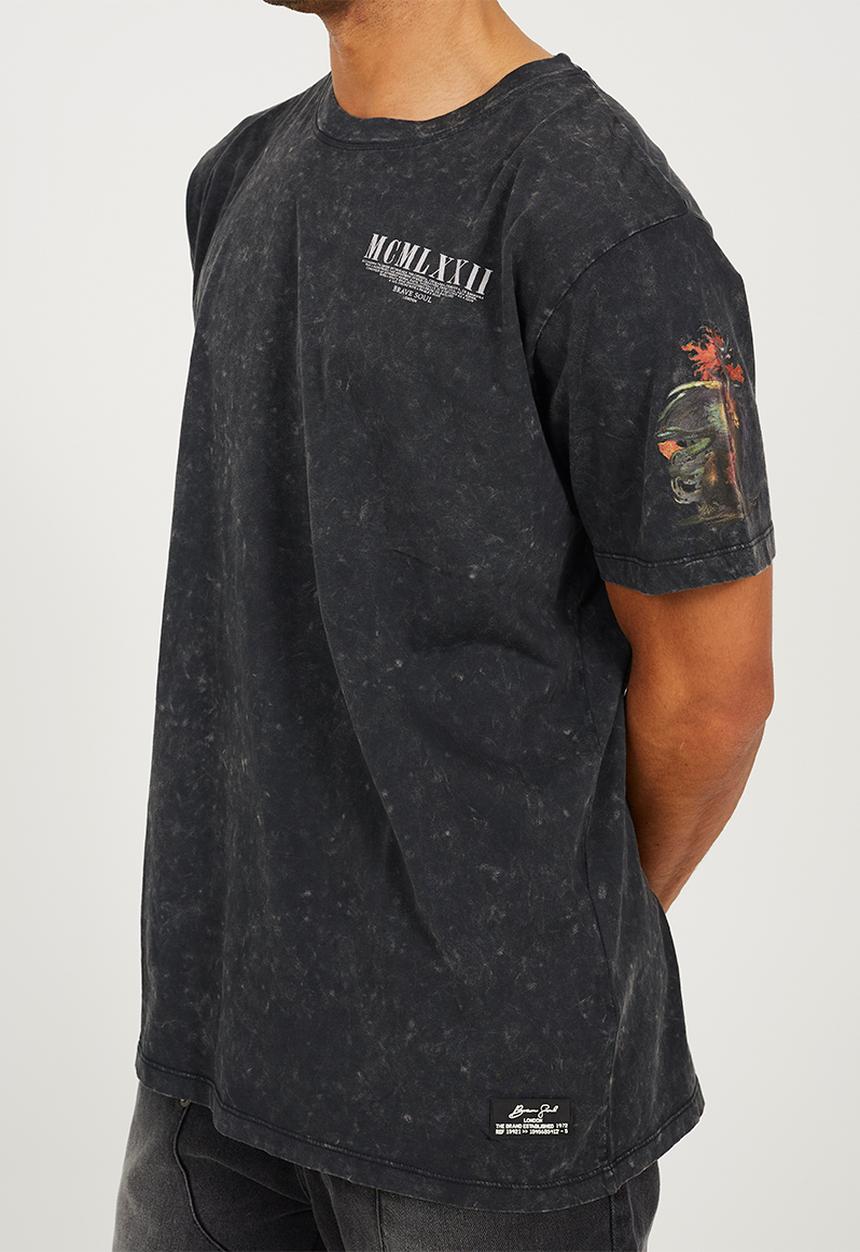 Brave Soul - Crew Neck T-Shirt - Jet Black Acid Wash / Multi-Colour Print
