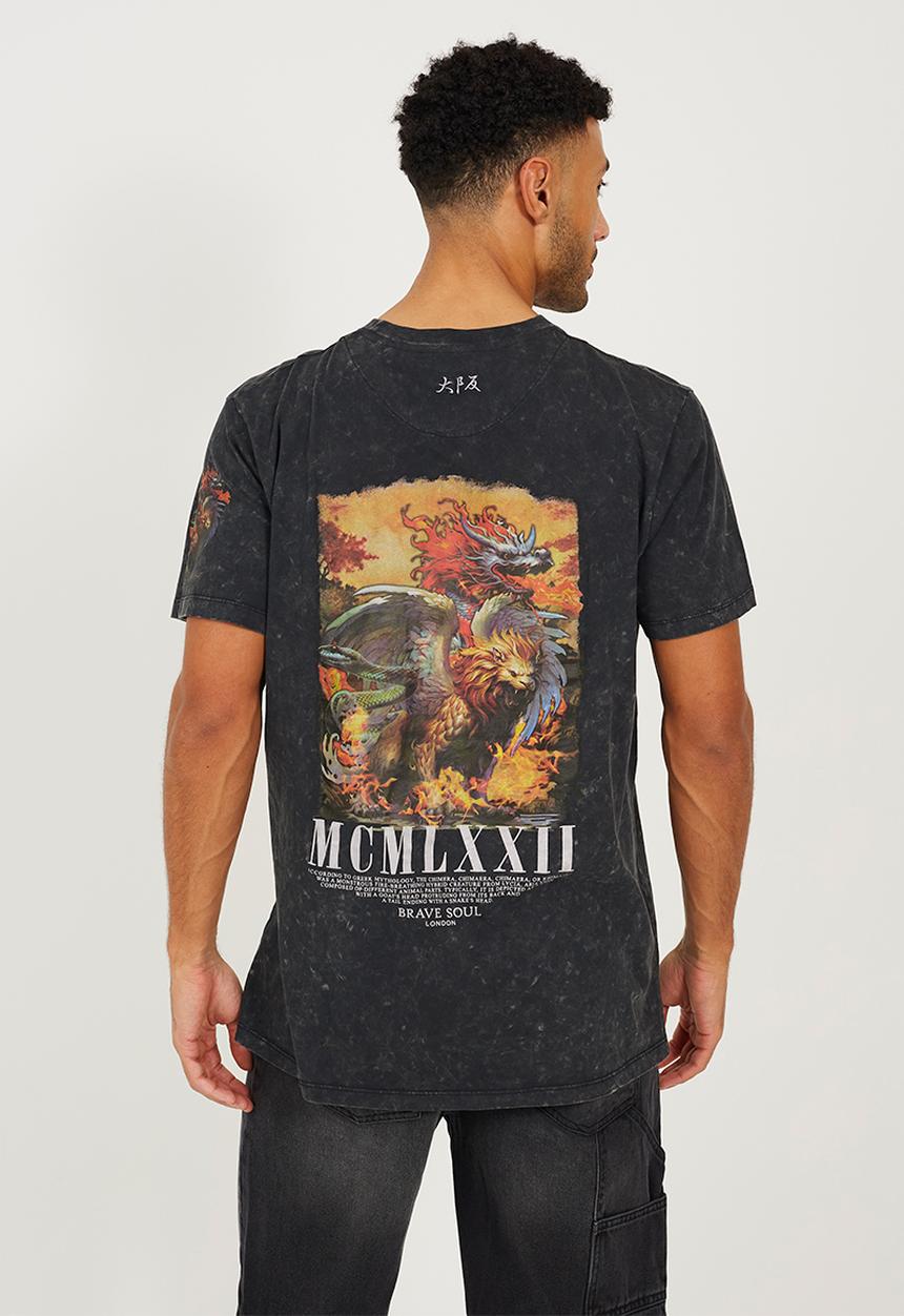 Brave Soul - Crew Neck T-Shirt - Jet Black Acid Wash / Multi-Colour Print