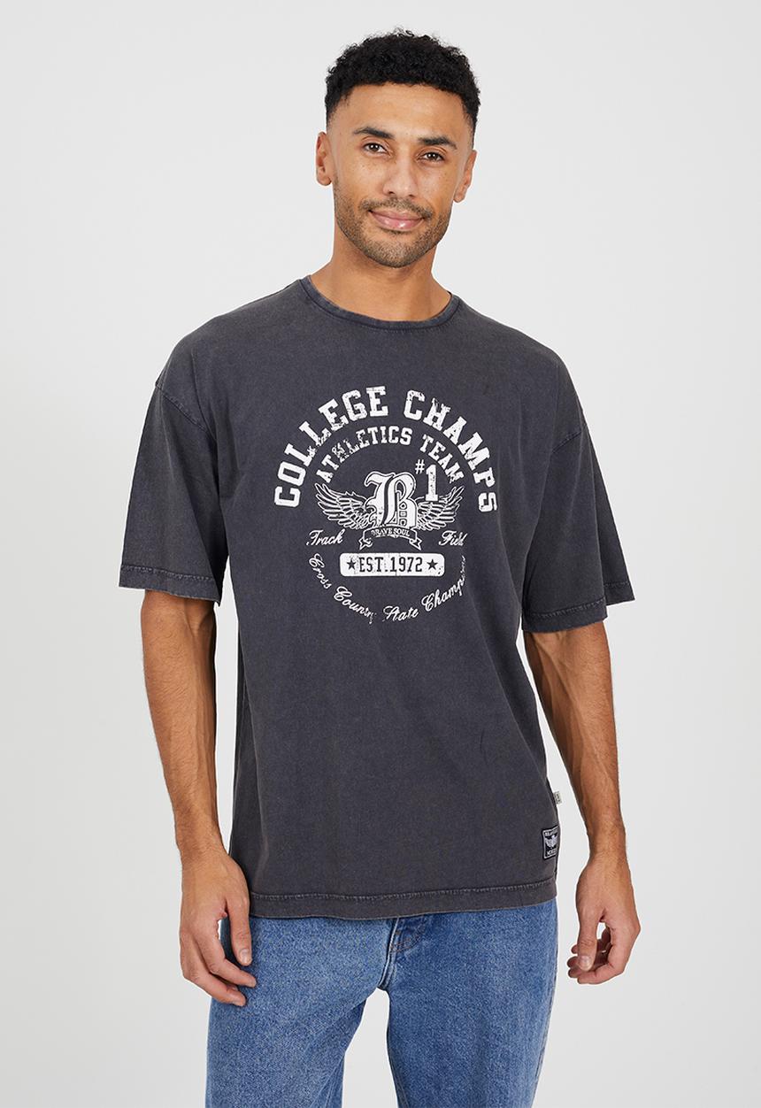 Brave Soul - Relaxed Fit Crew Neck T-shirt - Dark Grey Acid Wash