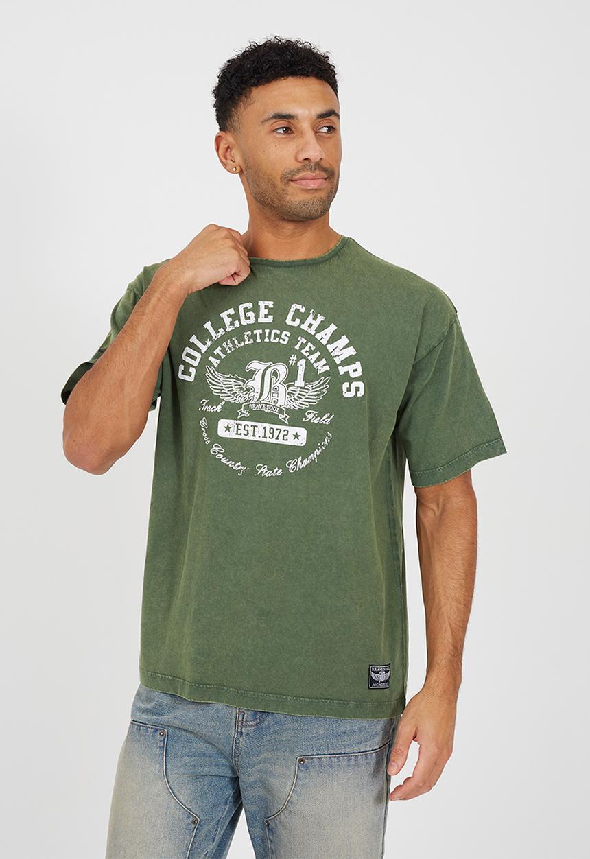 Brave Soul - Relaxed Fit Crew Neck T-shirt- Dark Green Acid Wash