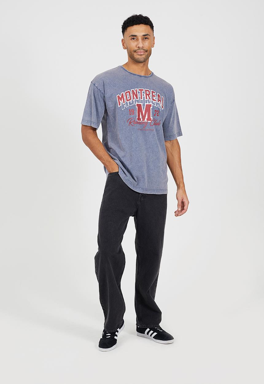 Brave Soul - Relaxed Fit Crew Neck T-shirt- Denim Blue Acid Wash