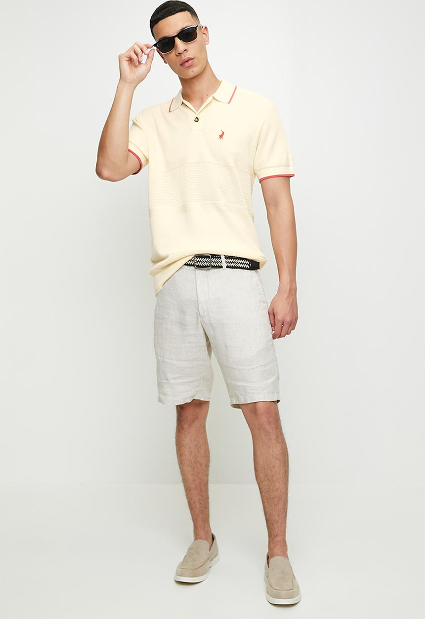 POLO - Maddox textured tipped knitted short sleeve golfer - stone