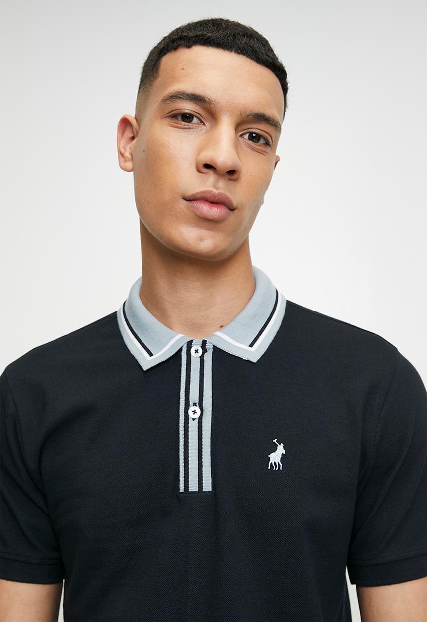 POLO - Ashton plain pique short sleeve contrast placket golfer - navy