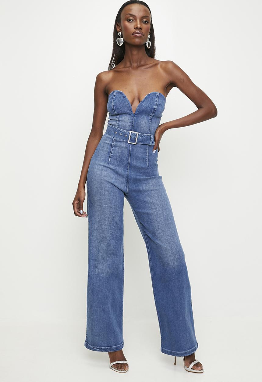 SISSY BOY - CECILIA: Boobtube Low Plunge Straight Leg Jumpsuit - Light Vintage