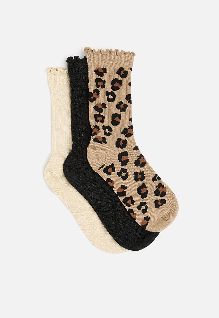 Cotton On - Kids 3pk sparkle socks - black/leopard/gold shimmer frill
