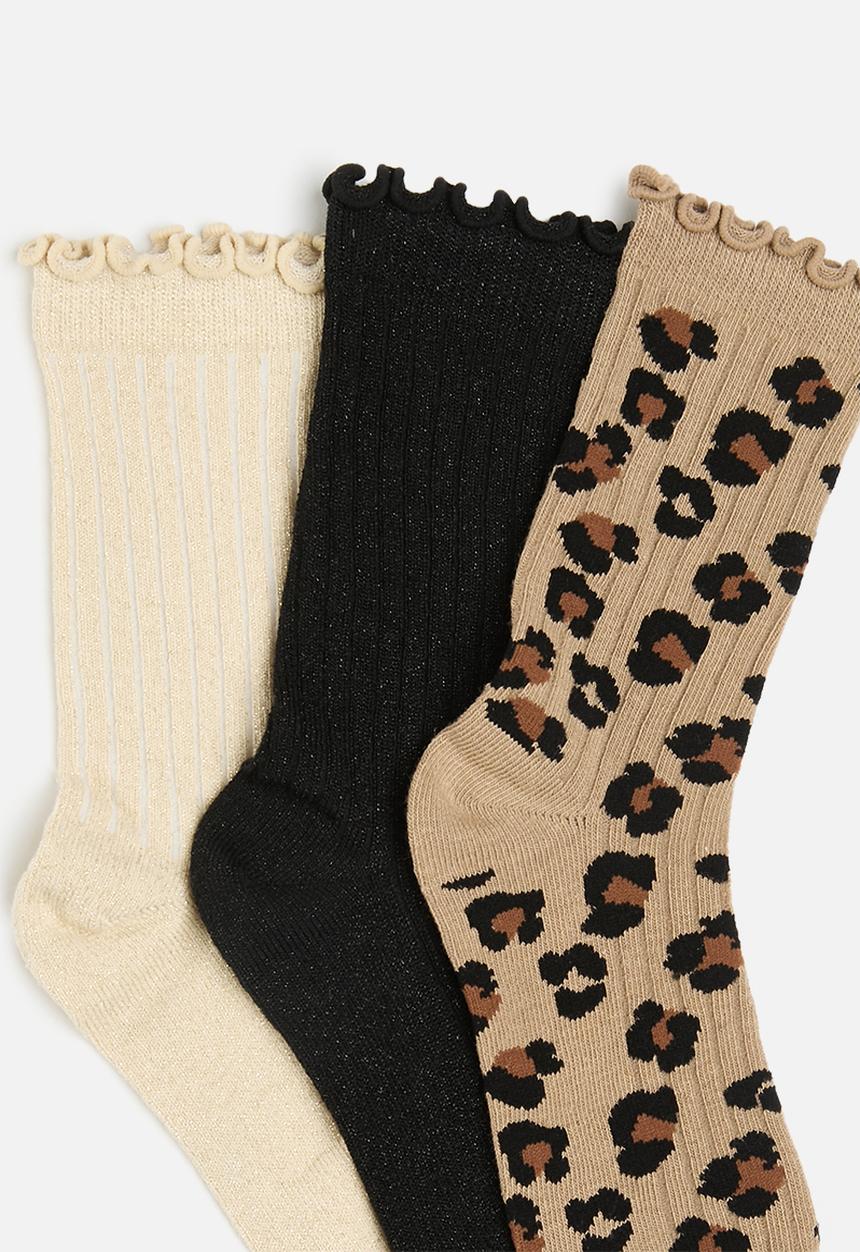 Cotton On - Kids 3pk sparkle socks - black/leopard/gold shimmer frill