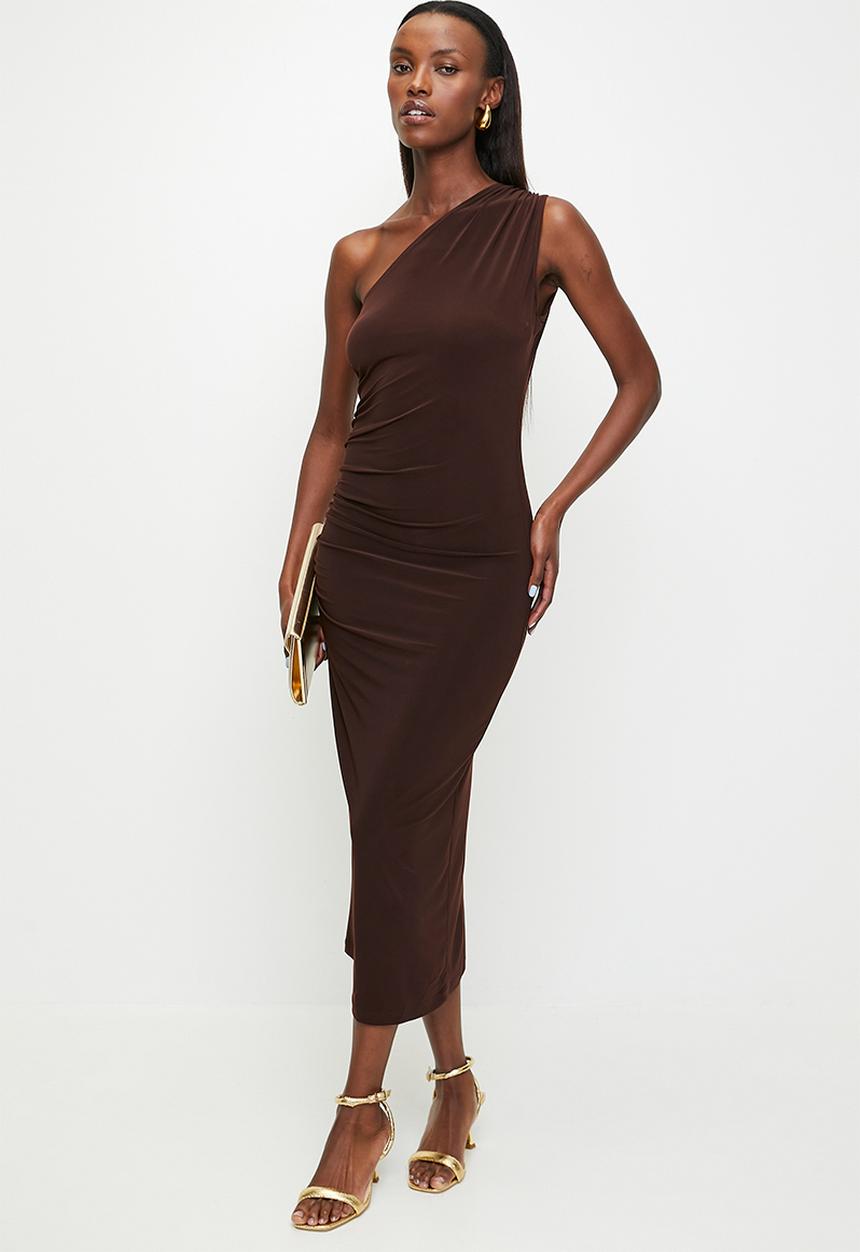One shoulder draped slim fit knitted midi pencil dress - braun