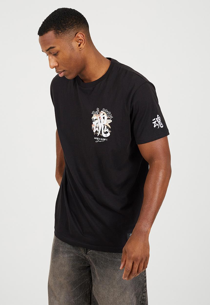 Brave Soul - Crew Neck Oversized T-Shirt  - Jet Black / Multi-Colour Print