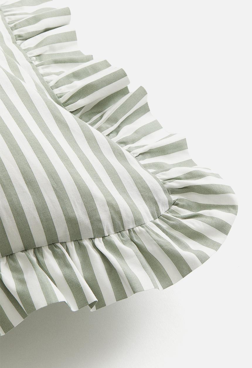 H&M - Frill-trimmed cotton cushion cover -  mint green/striped