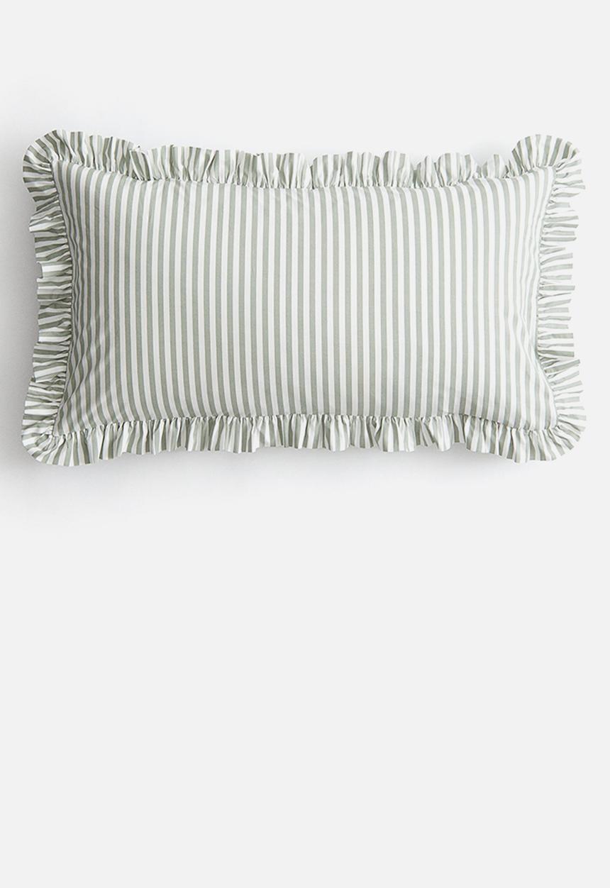 H&M - Frill-trimmed cotton cushion cover -  mint green/striped