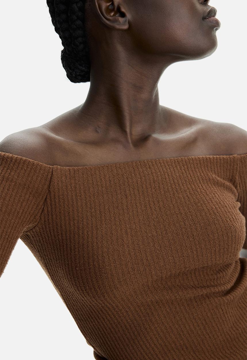 H&M - Rib-knit off-the-shoulder top - brown