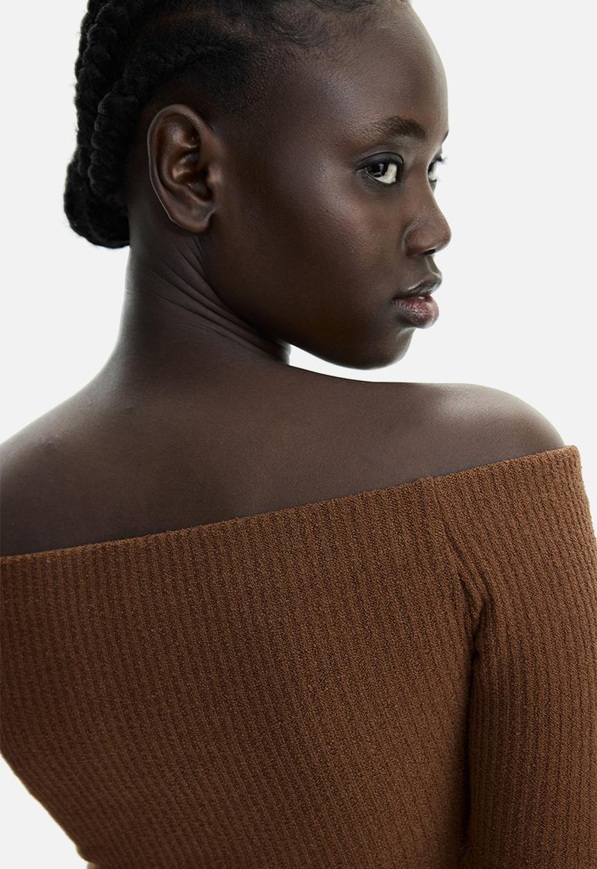 H&M - Rib-knit off-the-shoulder top - brown