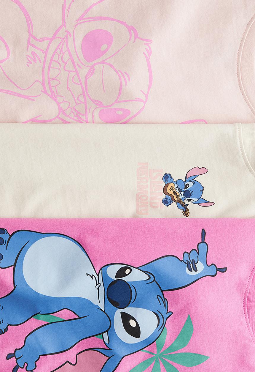 H&M - 3-Pack printed jersey tops - pink/lilo & stitch