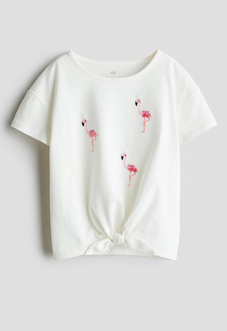 H&M - Bead-detail top - white flamingos 