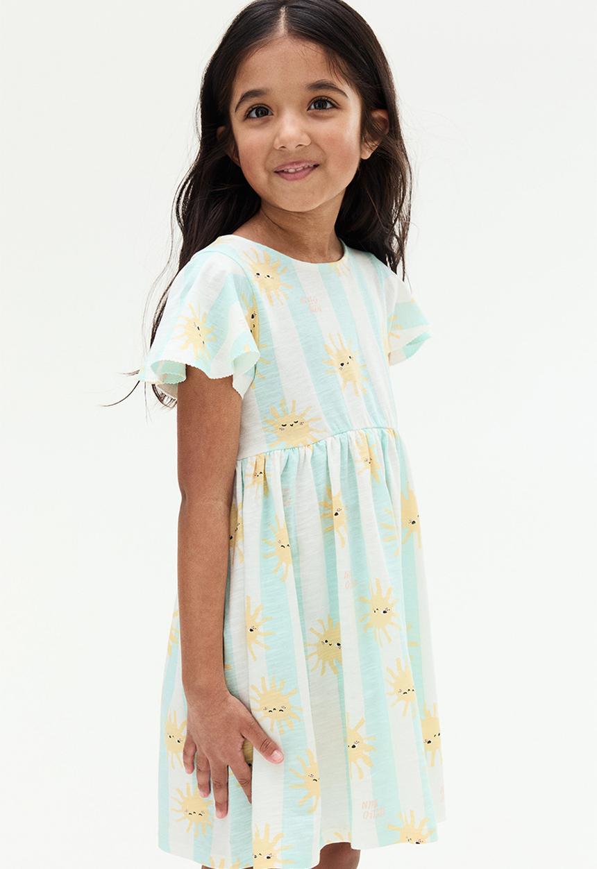 H&M - Flutter-sleeved cotton dress - light turquoise striped