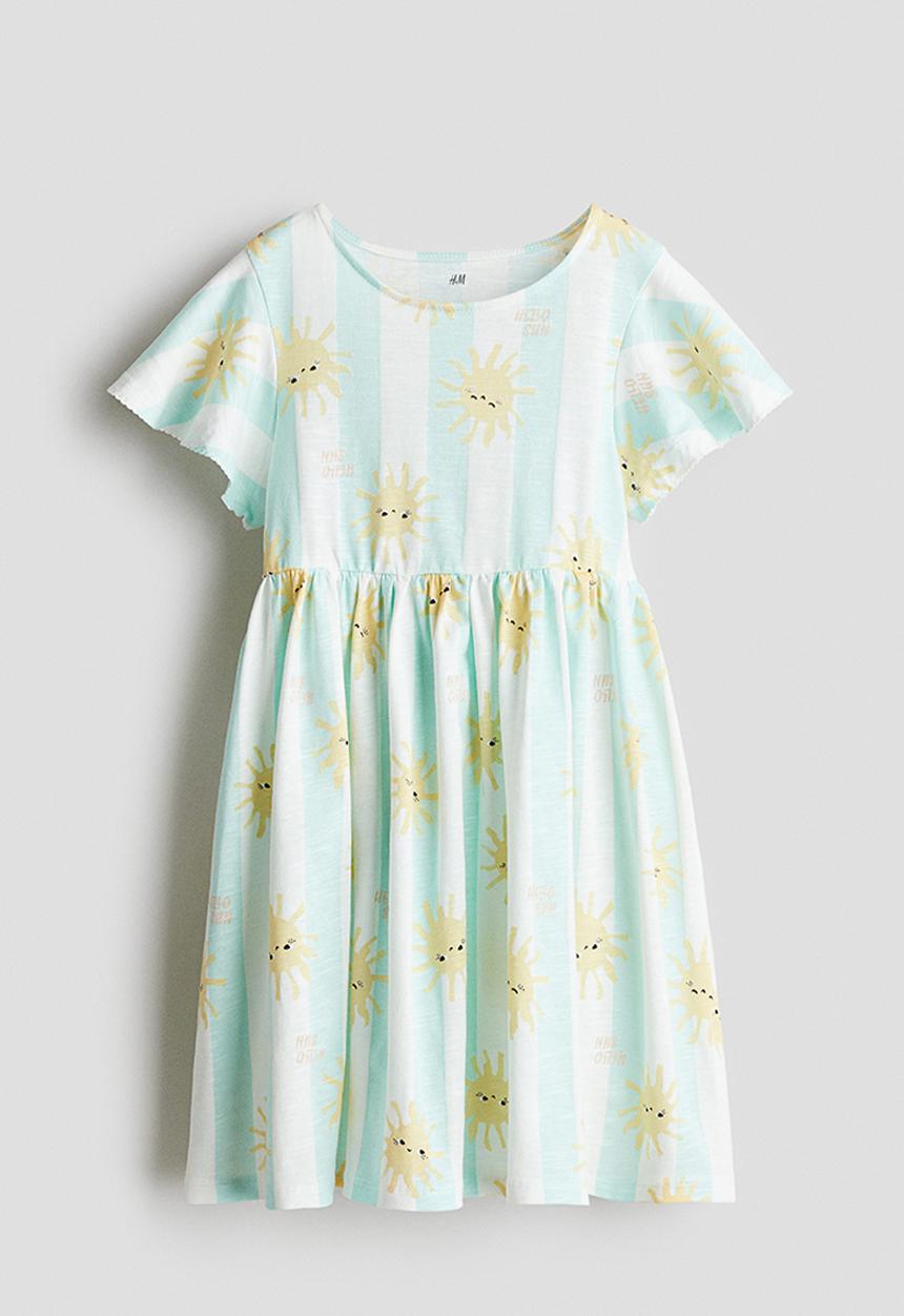H&M - Flutter-sleeved cotton dress - light turquoise striped