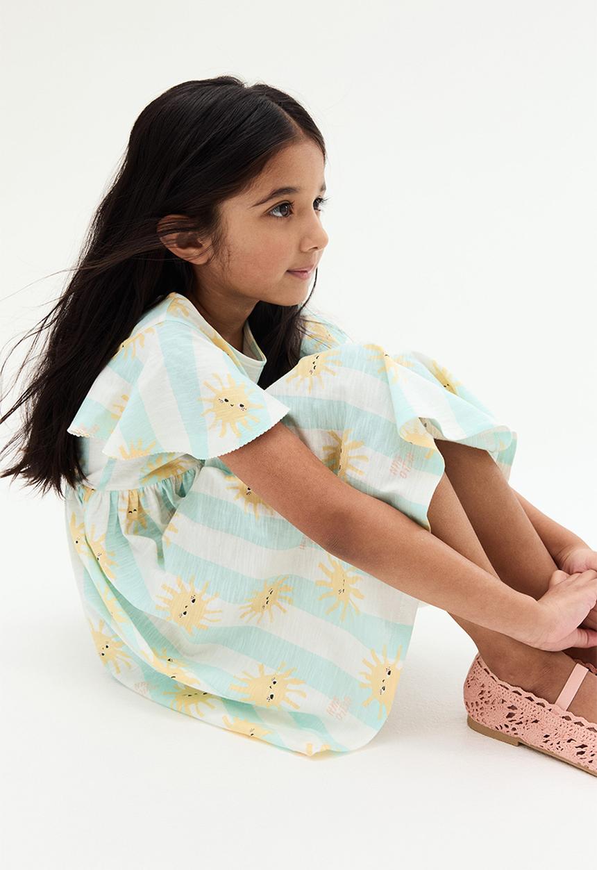 H&M - Flutter-sleeved cotton dress - light turquoise striped