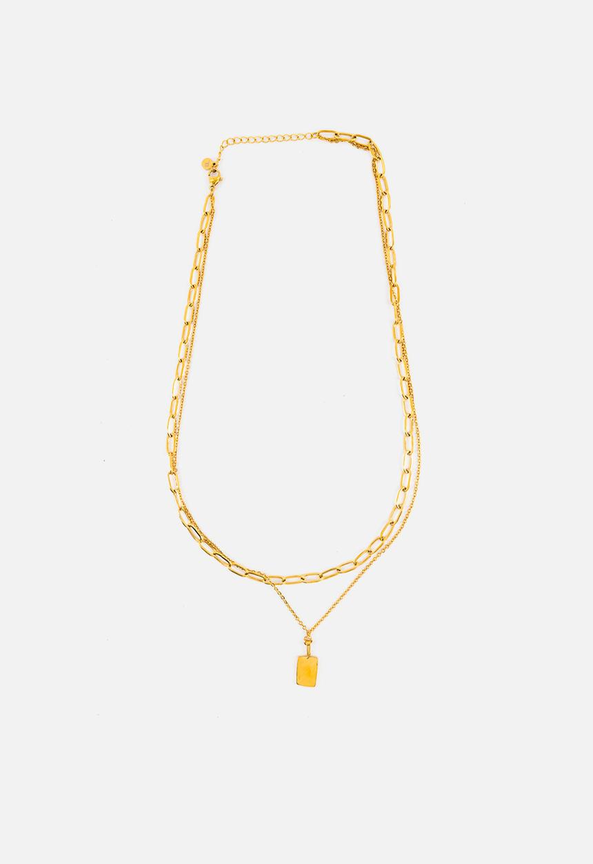 Burnt  - Stacked necklace with paperclip & charm - gold